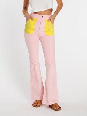 Hammies Powder Pink/ Yellow Colorblock Corduroy Bell Bottom Pants Size 32